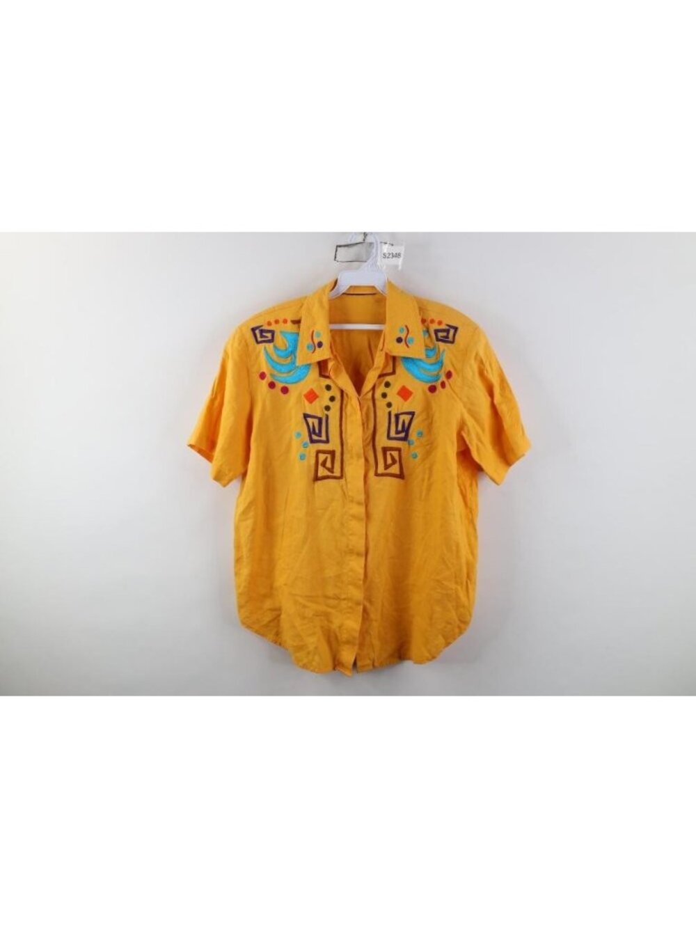 Vtg 90s Streetwear Womens Large Linen Blend Abstract Art Collared Button Shirt
